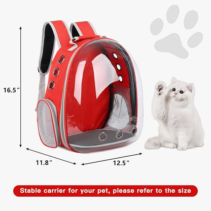 Pet Backpack Carrier with Harness Backpack with Bubble Clear Front for Cats, Small Dogs, Bunnies etc with Harness Included, Pet Carrier for Traveling, Walking, Hiking and Outdoor Activities (Red-1)