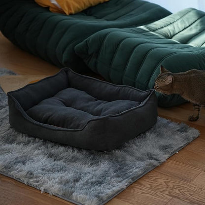 Dog Bed Washable Medium Dog Cat Sofa Bed Super Soft Rectangular Cuddle Pet Bed with Non-Slip Fluffy Bottom(Dark gray 20.8 * 15.7 * 6.7)