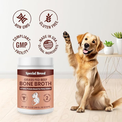 Bone Broth Powder for Dogs and Cats - Dog and Cat Food Topper, Grass Fed Beef Broth Supplement, 9.5 oz