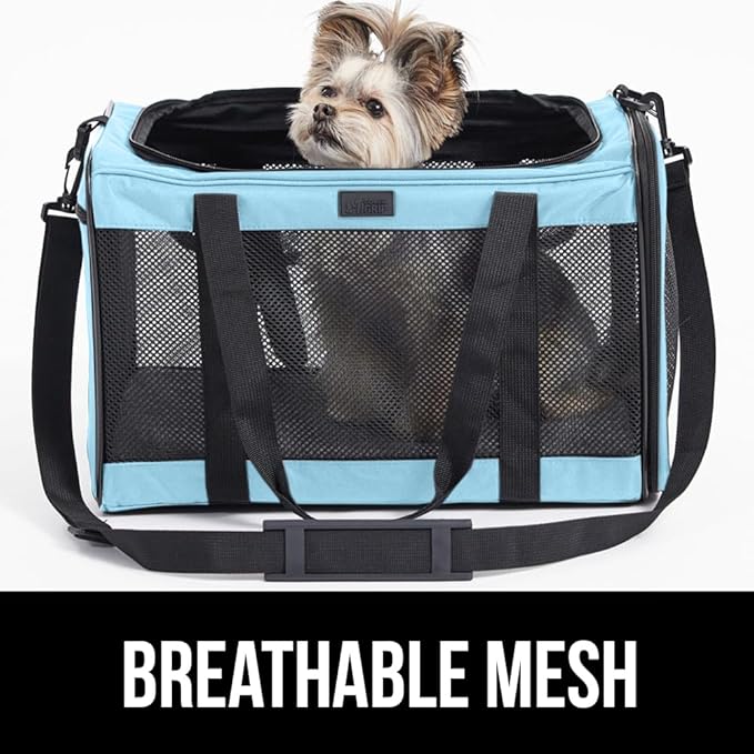 Gorilla Grip Airline Travel Cat Carrier Bag Up to 15 Lbs, Breathable Mesh Collapsible Pet Carriers for Small, Medium Cats, Small Dogs, Puppies, Portable Kennel with Soft Washable Waterproof Pad, Blue