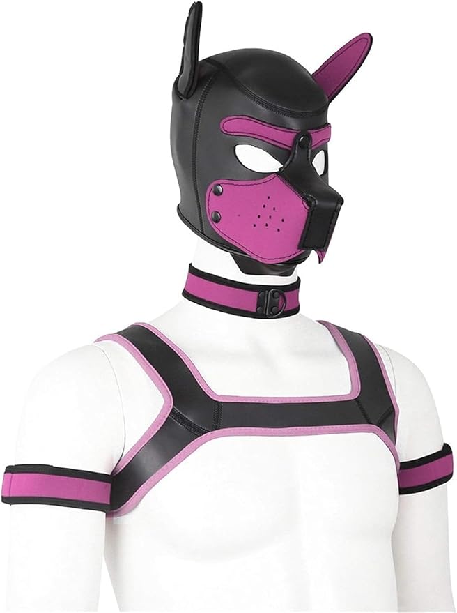 4 Sets Neoprene Puppy Hood Animal Head Mask Novelty Costume Dog (Hood Mask + Collar + Armband + Harness) (X-Large, Pink)