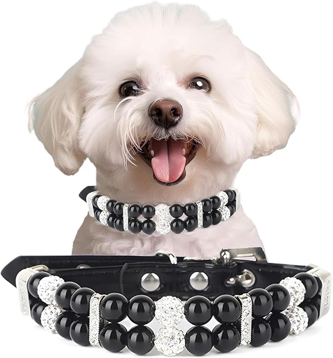Black Pearl Small Dog Collar, Pearl Cat Collar PU Leather Male Dogs Necklace with Crystal Diamond Rhinestone Jewlled for Puppy Kitten XS Small Medium Dogs Wedding & Birthday Gift S