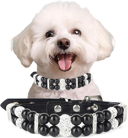 Black Pearl Small Dog Collar, Pearl Cat Collar PU Leather Male Dogs Necklace with Crystal Diamond Rhinestone Jewlled for Puppy Kitten XS Small Medium Dogs Wedding & Birthday Gift S