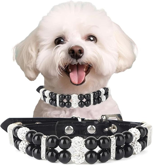 Black Pearl Dog Collars for Small Dogs, Pearl Cat Collar PU Leather Male Dogs Necklace with Crystal Diamond Rhinestone Jewlled for Puppy Kitten XS Small Medium Dogs Wedding & Birthday Gift XS