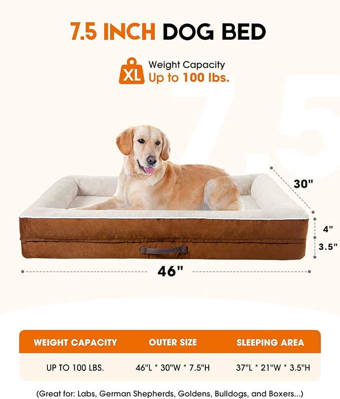 X-Large Orthopedic Dog Bed, Egg Foam Dog Couch with Removable Washable Cover, Waterproof Pet Sofa Bed with Non-Slip Bottom and Four-Sided Bolster Cushion, Brown Dog Beds for Large Sized Dog