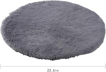 24 Inch Plush Dog Bed Mat Warm Fluffy Round Puppy Crate Pad with Anti-Slip Waterproof Bottom Soft Comfy Pet Kennel Mat for Small and Medium Dogs Sleeping(Dark Grey)