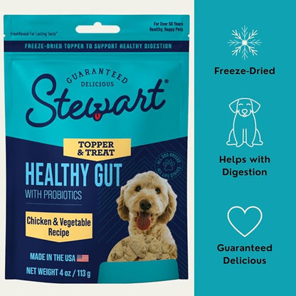 Stewart Freeze Dried Dog Food Topper, Healthy Gut, Chicken and Vegetable Recipe, 4 Ounce Pouch, Probiotics for Digestion