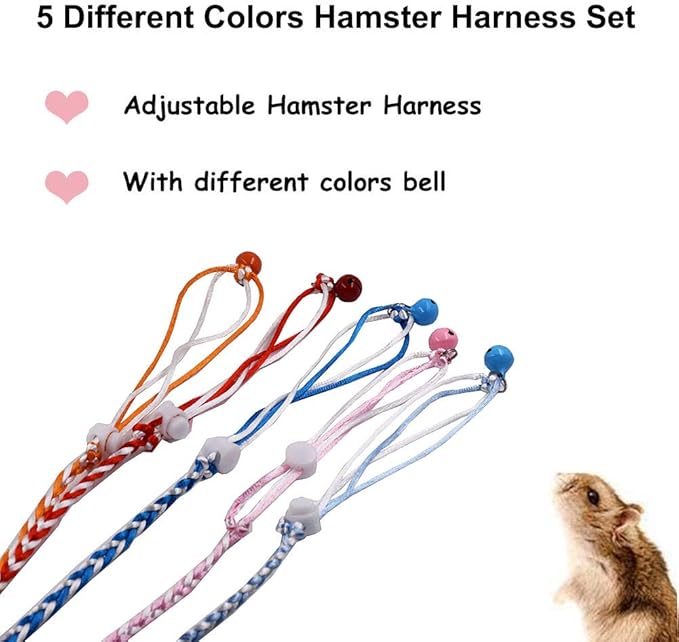 Hamster Harness 5 Pieces Adjustable Small Animal Bell Harness Rope Harness for Lead Walking Pet Gerbil, Rat, Mouse, Hamster Harness