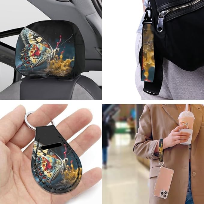 3D Splashing Butterfly 13 PCS Car Seat Cover Artistic Morpho Full Set Front Back Seat Covers Butterflies Art Steering Wheel Cover