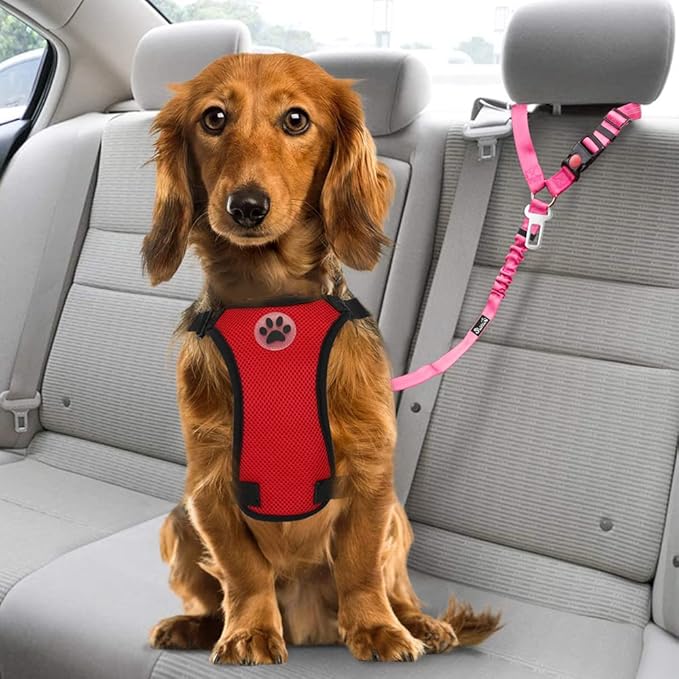 Lukovee Dog Car Seat Belt, 2 Pack Headrest Restraint Seatbelt, Adjustable Pet Safety Leads with Reflective Elastic Bungee for Dog Harness Collar Travel Daily Use (Fluorescent Pink,Headrest + Clip)