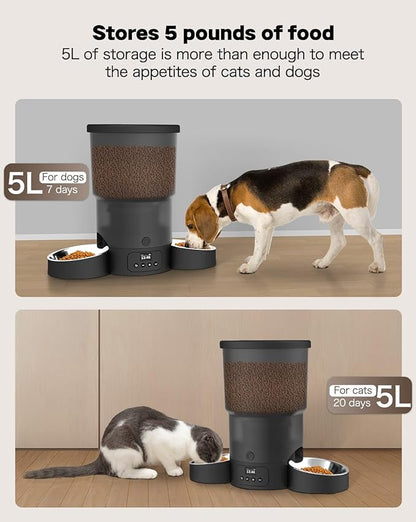 Automatic Cat Feeder for 2 Cats, 20 Cups/5L SURDY Automatic Cat Food Dispenser for Small Pets Auto Cat Feeder for Dry Food, Dual Power Supply and Timer Setting 12 Portions 6 Meals Per Day