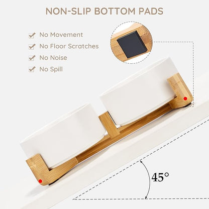 SPUNKYJUNKY Ceramic Dog and Cat Bowl Set with Wooden Stand, Modern Cute Weighted Food Water Set for Large Size Dogs (7.6 Cups, 2 × White)