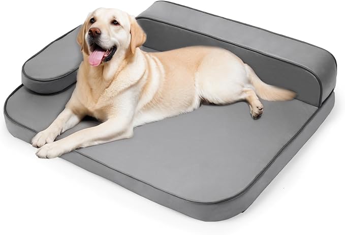 XL Dog Bed for Large Dogs, Easy Clean Dog Sofa Air-Leather-Fabric Pet Bed, Stain & Waterproof Dog Bed with Memory Foam & Washable Cover, Gray, XL Size