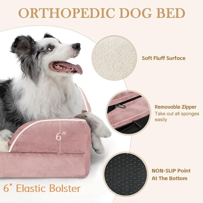 XXL Orthopedic Dog Bed, Waterproof Orthopedic Foam Extra Large Dog Beds, Washable Dog Sofa Bed with Removable Cover & Non-Slip Bottom(XX-Large,Pink)