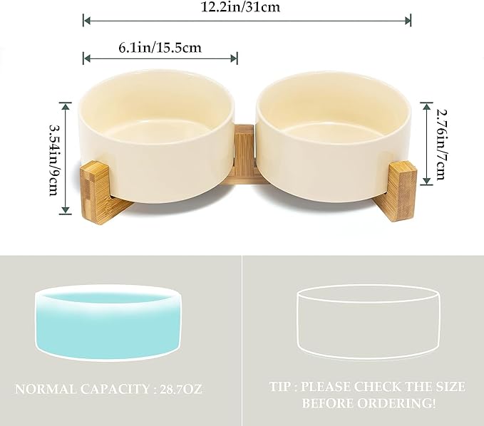 SPUNKYJUNKY Ceramic Dog and Cat Bowl Set with Wooden Stand, Modern Cute Weighted Food Water Set for Small Size Dogs (13.5OZ) & Medium Sized Dogs (28.7OZ) & Cats (3.6 Cups, 2 × Beige)