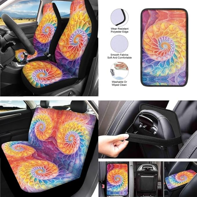 Gradient Colorful Painting Car Seat Covers Set for Women Men Seat Belt Strap Cover