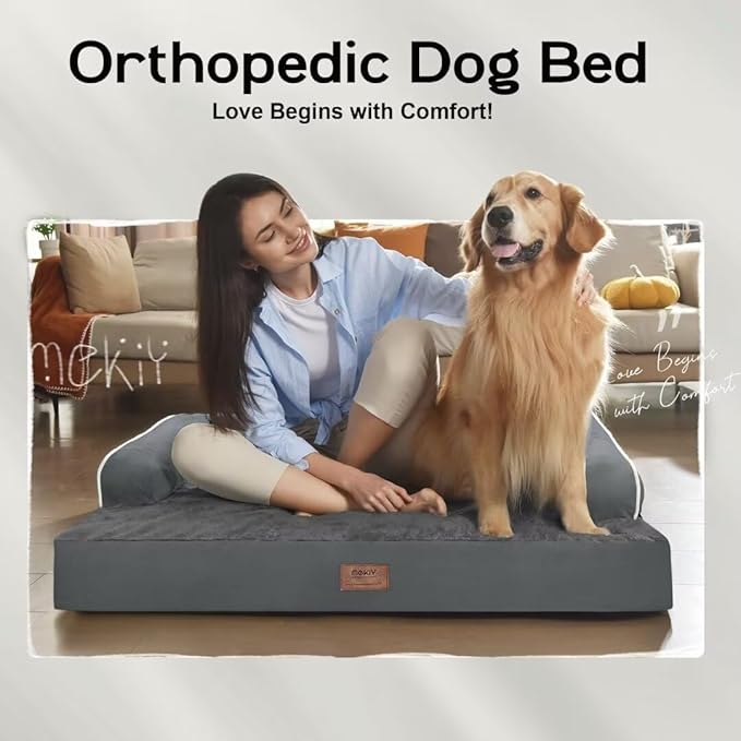 Large Dog Bed Orthopedic Washable: Dark Grey Dog Bed with Waterproof Cover and Removable Bolster