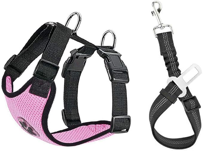 SlowTon Dog Seat Belt Harness for Car, Dog Car Harness Adjustable Mesh Breathable & Dog Seatbelt Safety Tether with Elastic Bungee for Small Medium Large Pets(Pink, Single Clip, L)