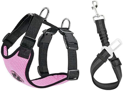 SlowTon Dog Seat Belt Harness for Car, Dog Car Harness Adjustable Mesh Breathable & Dog Seatbelt Safety Tether with Elastic Bungee for Small Medium Large Pets(Pink, Single Clip, M)