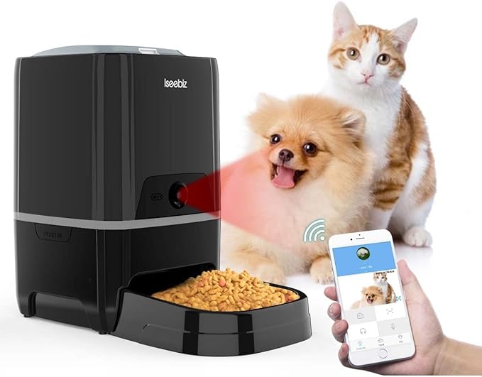 Automatic Pet Feeder, 6L Food Dispenser with Video Monitoring, Voice Record Remind, Timer Program, Portion Control, IR Detect, 4 Meals a Day for Dogs Cats, Compatible with Alexa