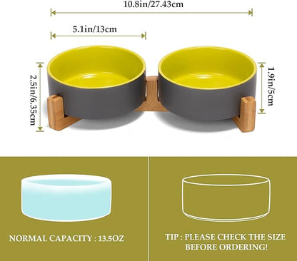 SPUNKYJUNKY Ceramic Dog and Cat Bowl Set with Wooden Stand, Modern Cute Weighted Food Water Set for Small Size Dogs (13.5OZ) & Medium Sized Dogs (28.7OZ) & Cats (1.7 Cups, 2 × Yellow-Grey)