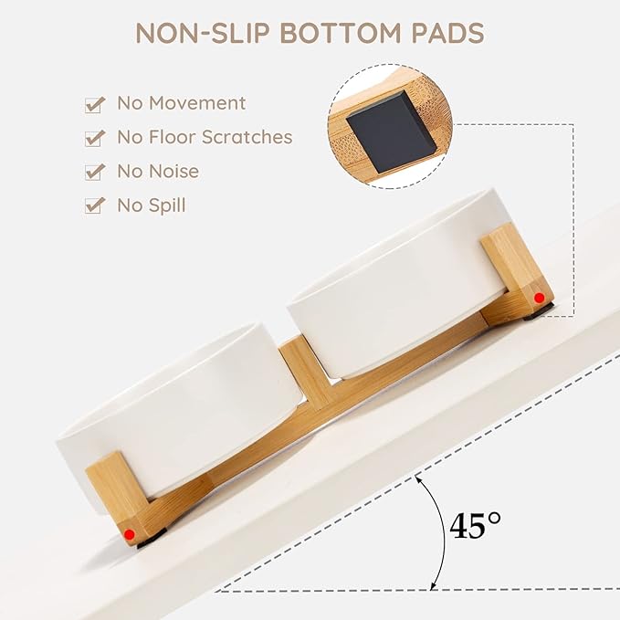 SPUNKYJUNKY Ceramic Dog and Cat Bowl with Wood Stand Non-Slip Matte Glaze Weighted Food Water Set for Cats &Small Dogs 13.5 OZ