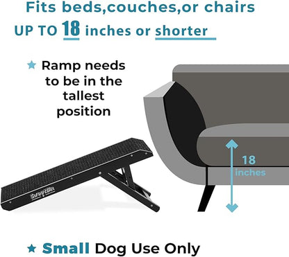 18" Tall Adjustable Pet Ramp - Small Dog Use Only - Wooden Folding Portable Dog & Cat Ramp Perfect for Couch or Bed with Non Slip Carpet Surface - 4 Levels Height Adjustable Up to 90Lbs