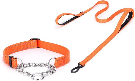 Martingale Dog Collar with Stainless Steel Chain and Leash Set 5FT Double