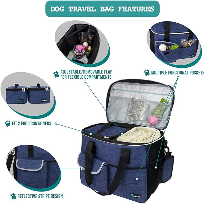 PetAmi Dog Travel Bag, Travel Pet Bag Organizer, Dog Food Travel Bag with Food Container and Bowls, Dog Travel Supplies Gift Accessories for Weekend Camping, Dog Cat Diaper Bag (Navy, Large)