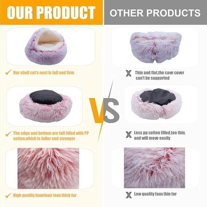 Calming Round Dog Beds &Cat Cave Bed with Hooded Cover 25.6X 25.6inch)