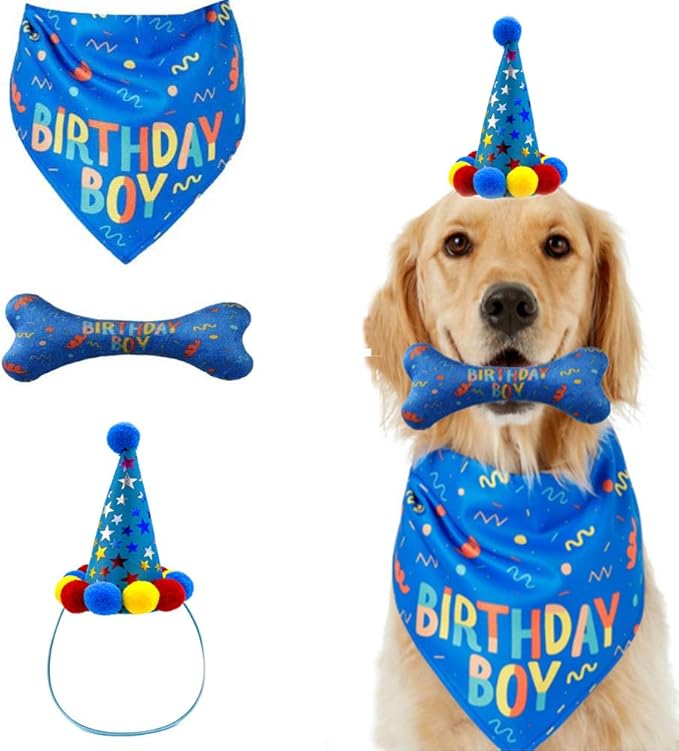 Dog Birthday Boy Bandana Hat Toy Set Pet Happy Birthday Party Supplies Triangle Bibs with Cute Bone Dog Birthday Scarf Accessories and Decoration for Doggy Large Dog – Blue