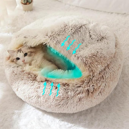 Cat Bed Round Fluffy Hooded Cat Bed Cave