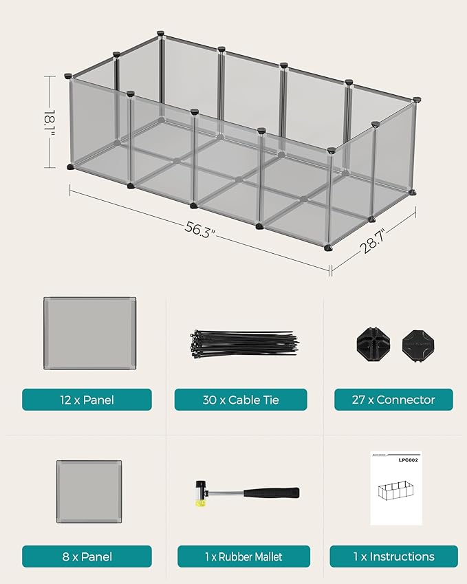 SONGMICS 20 Panels Pet Playpen with Floor, Small Animal Playpen, Pet Fence Indoor, DIY Plastic Enclosure for Guinea Pigs, Bunny, Hamsters, Hedgehogs, 56.3 x 28.7 x 18.1 Inches, Gray ULPC002G01