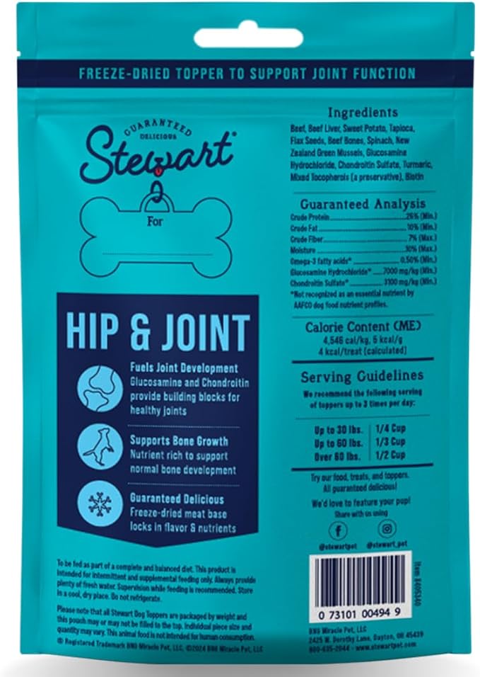 Stewart Freeze Dried Dog Food Topper, Hip and Joint, Beef and Sweet Potato Recipe, 4 Ounce Pouch, Glucosamine for Healthy Joints