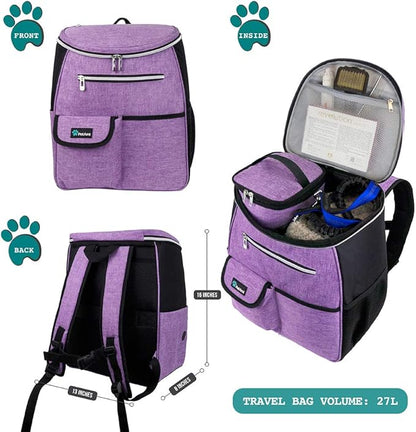 PetAmi Dog Travel Bag Backpack, Airline Approved Dog Bags for Traveling, Puppy Diaper Bag Supplies, Pet Camping Essentials Hiking Accessories Dog Mom Gift, Food Container, Collapsible Bowls, Purple