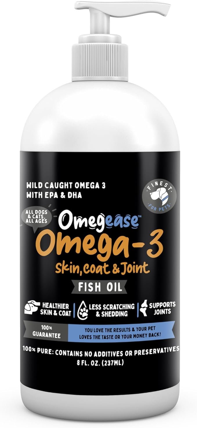 Omegease 100% Pure Omega 3 Fish Oil for Dogs & Cats 8 oz - Skin & Coat Supplement, Less Scratching & Shedding, Supports Joint Function, Immune, Brain & Heart Health. Natural EPA + DHA Fatty Acids