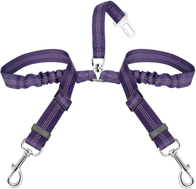 SlowTon Dog Seat Belt, Double Dog Seatbelt Adjustable Vehicle Safety Leash with Elastic Bungee Buffer, Reflective No Tangle Y Shape Two Dog Harness Seat Belt Splitter for Pets Car Trip (Purple, S)