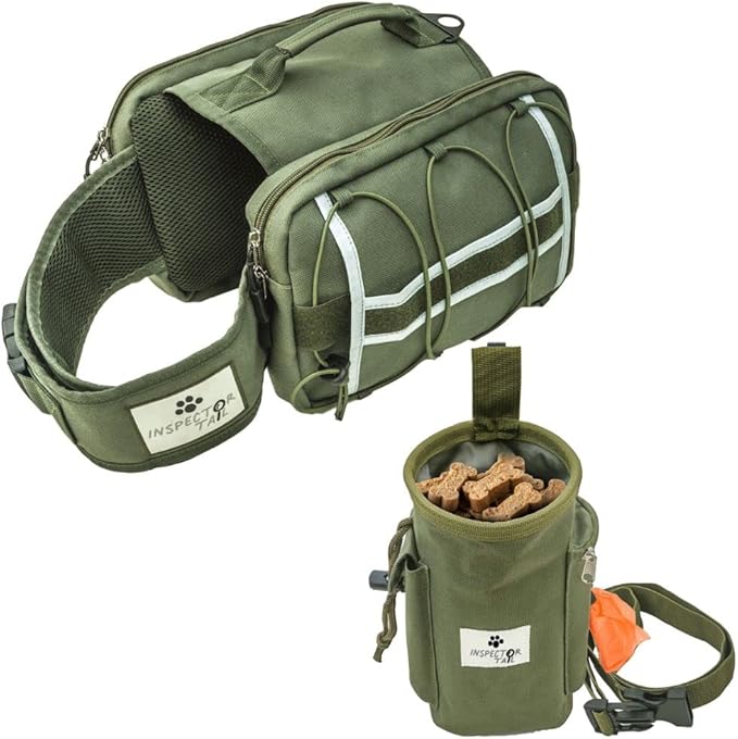 Comfortable Backpack for Anxious & Energetic Dogs w Treat Bag Bundle | Saddle Bag for More Focused & Calmer Hound | Reflective & Lightweight Harness w Roomy Pockets | Khaki