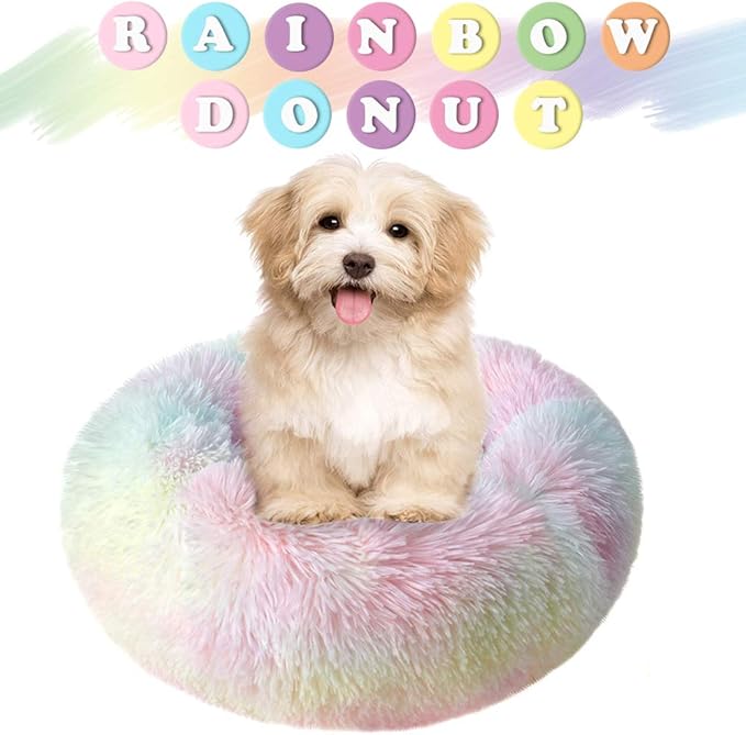 otoez Kitten Puppy Bed Extra Small XS Round Dog Cat Beds Anti Anxiety Plush Pet Calming Donut Bed with Non-Slip Waterproof Bottom (15.7", Rainbow)