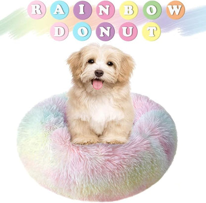 otoez Kitten Puppy Bed Extra Small XS Round Dog Cat Beds Anti Anxiety Plush Pet Calming Donut Bed with Non-Slip Waterproof Bottom (15.7", Rainbow)