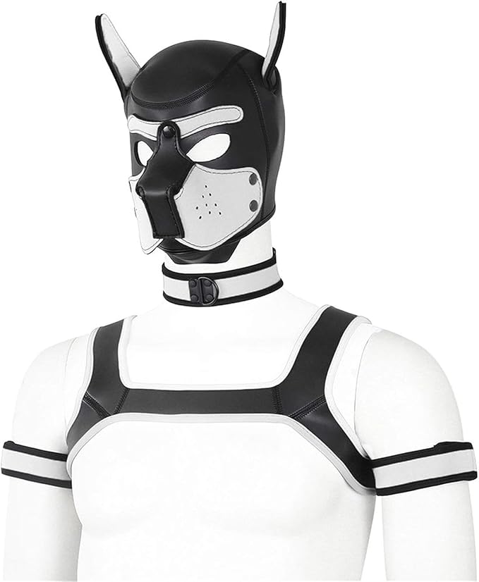 4 Sets Neoprene Puppy Hood Animal Head Mask Novelty Costume Dog (Hood Mask + Collar + Armband + Harness) (X-Large, White)