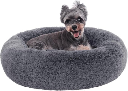 23" Calming Dog Bed,Anti Anxiety Donut Dog Bed,Plush Round Pet Beds for Small Dogs,Fluffy Faux Fur Cat Bed,Washable Cuddler Dog Bed(Dark Grey,Small)