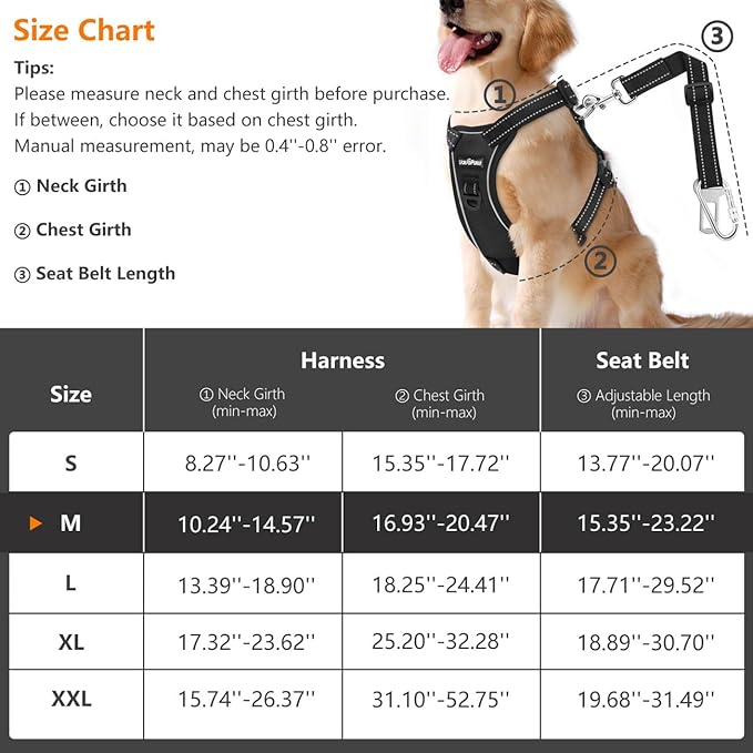 Dog Vehicle Safety Vest Harness, Adjustable Soft Padded Mesh Car Seat Belt Leash Harness with Reflective Strip Travel Strap and Carabiner for Most Cars, M Size, Carbon Black