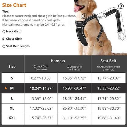 Dog Vehicle Safety Vest Harness, Adjustable Soft Padded Mesh Car Seat Belt Leash Harness with Reflective Strip Travel Strap and Carabiner for Most Cars, M Size, Carbon Black