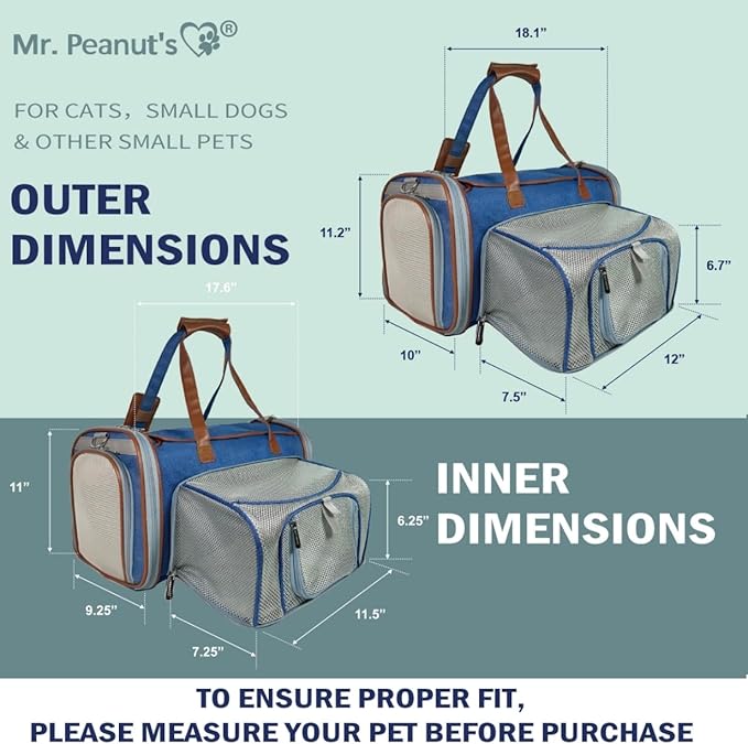 Mr. Peanut's Expandable Airline Approved Soft Sided Pet Carrier, Low Profile Gold Series Tote, Premium Brand Self Locking Zippers, Plush Faux Fleece Bedding with a Sturdy Plywood Base (Deja Blue)