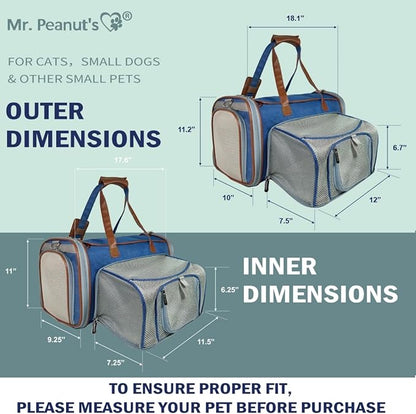 Mr. Peanut's Expandable Airline Approved Soft Sided Pet Carrier, Low Profile Gold Series Tote, Premium Brand Self Locking Zippers, Plush Faux Fleece Bedding with a Sturdy Plywood Base (Deja Blue)