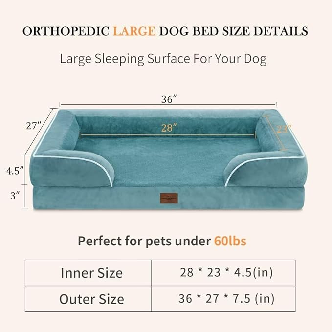 Waterproof Large Dog Beds, Orthopedic Dog Beds for Large Dogs, Comfy Pet Bed Sofa with Washable Removable Cover & Non-Slip Bottom(Large,Washed Blue)