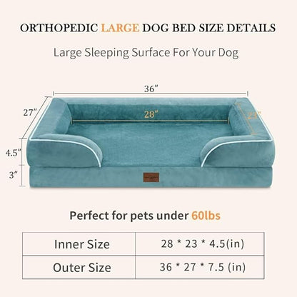 Waterproof Large Dog Beds, Orthopedic Dog Beds for Large Dogs, Comfy Pet Bed Sofa with Washable Removable Cover & Non-Slip Bottom(Large,Washed Blue)