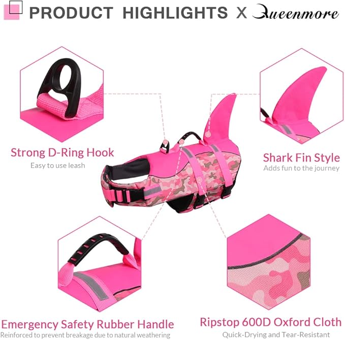 Queenmore Dog Life Jacket Ripstop Dog Shark Safety Vest Adjustable Preserver with High Buoyancy and Durable Rescue Handle for Small