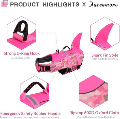 Queenmore Dog Life Jacket Ripstop Dog Shark Safety Vest Adjustable Preserver with High Buoyancy and Durable Rescue Handle for Small